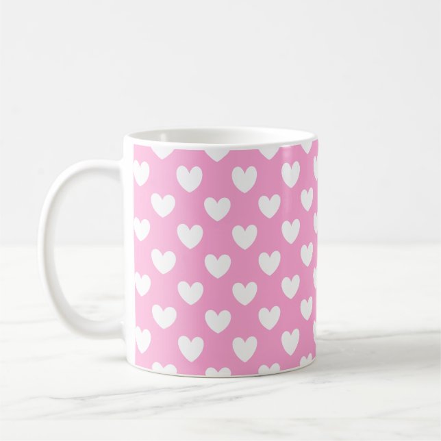 Caneca De Café Corações brancos de polca no algodão doce rosa (Esquerda)