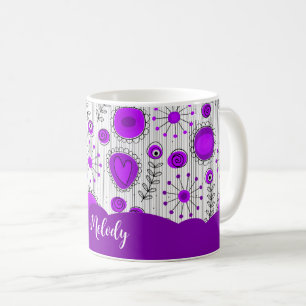 Caneca De Café Corações brancos, roxos, brancos, flores nome flor