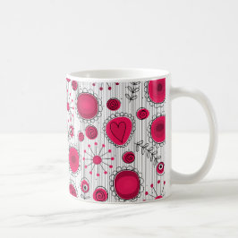 Caneca De Café Corações brancos, vermelhos e brancos e flores flo