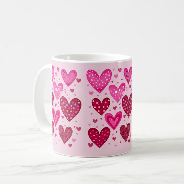 Caneca De Café Corações com Padrões Rosa e Vermelho (Frente Esquerda)