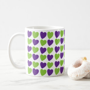 Caneca De Café Corações de Amor Verde Roxo