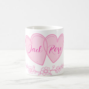 Caneca De Café Corações de Casal Personalizados Nome Floral Român