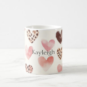 Caneca De Café Corações de Impressão do Leopardo Castanho Rosa