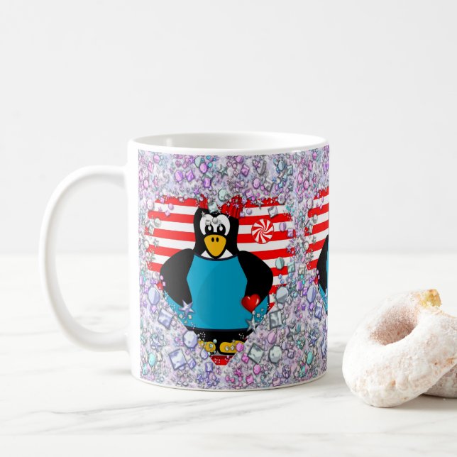 Caneca De Café Corações de Pinguins dias de os namorados (Com Donut)