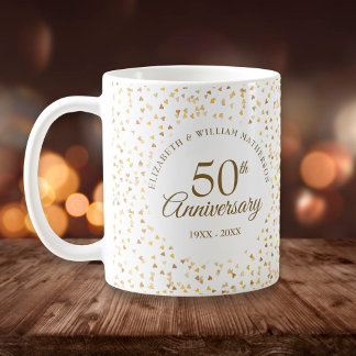 Caneca De Café Corações Dourados de 50º Aniversário