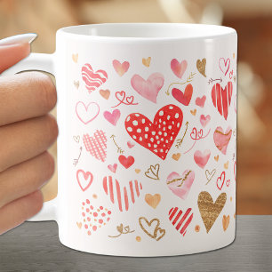 Caneca De Café Corações Dourados Rosa Vermelho