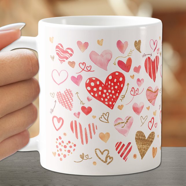 Caneca De Café Corações Dourados Rosa Vermelho (Criador carregado)