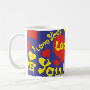 Caneca De Café Corações e Amor Coloridos Vermelho, Azul e Amarelo