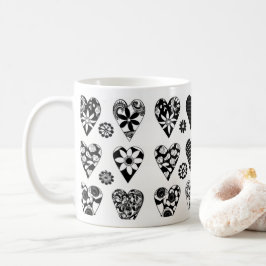 Caneca De Café Corações e flores minimalistas modernas, preto e b