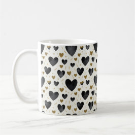 Caneca De Café Corações Elegantes em Aquarela Preta e Brilho Dour