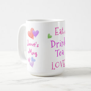 Caneca De Café Corações em Aquarela COMA Beba Chá AMOR