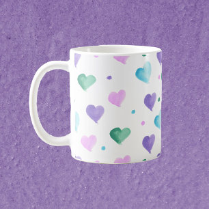 Caneca De Café Corações Padrão Água Cor Rosa Verde Púrpura Azul