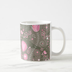 Caneca De Café Corações, Pássaros e Flores, de Cor Rosa e Cinzas
