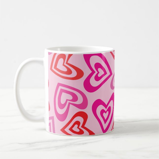 Caneca De Café Corações Retro Psicodélicos Vermelho e Rosa (Esquerda)