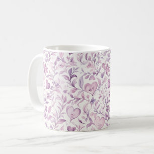 Caneca De Café Corações Rosa Folhas Roxas