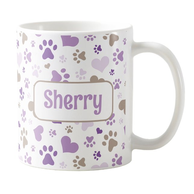 Caneca De Café Corações Roxos Personalizados Imprime Mug (Personalized Purple Hearts Paw Prints Mug at Amy's Coffee Mugs on Zazzle. )