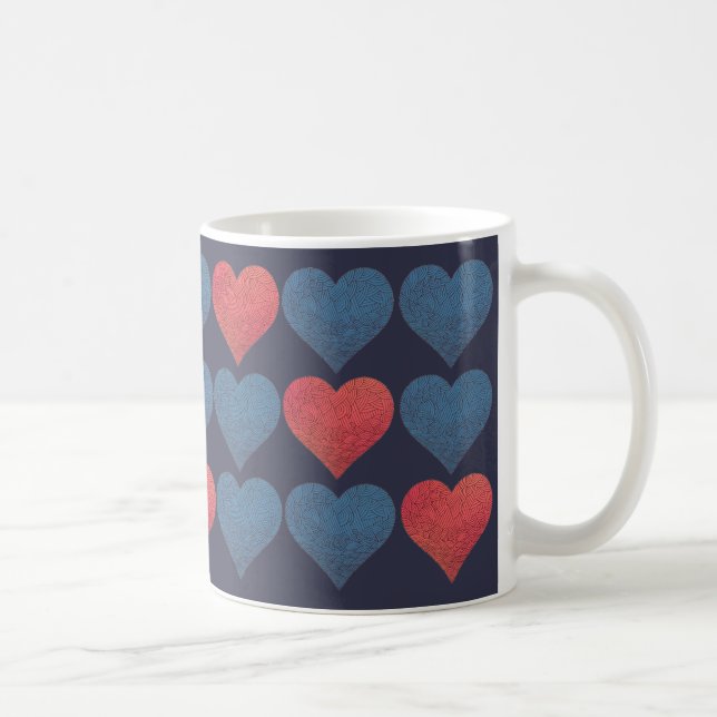 Caneca De Café Corações Vermelhos e Azuis com Padrão (Direita)