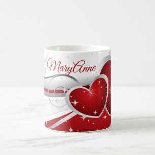 Caneca De Café Corações Vermelhos Modernos com Nome Personalizado