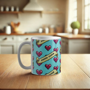 Caneca De Café Corações Vermelhos Pista Retro Pixel Pirete Lover 