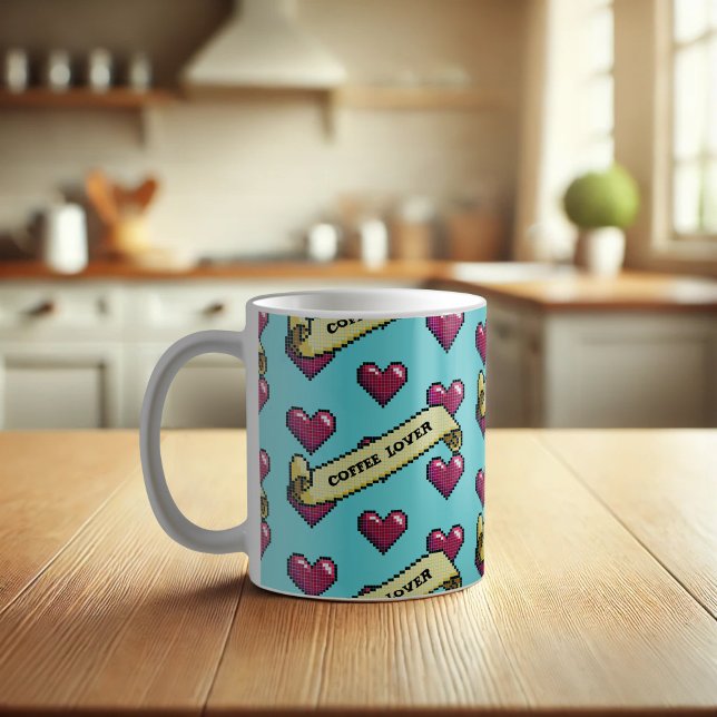 Caneca De Café Corações Vermelhos Pista Retro Pixel Pirete Lover  (Criador carregado)