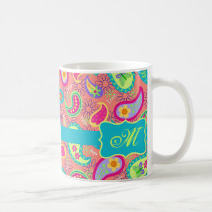 Caneca De Café Coral Orange Modern Paisley Pattern Monograma