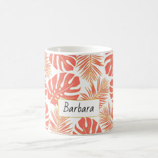 Caneca De Café Coral vivo e folhas tropicais douradas e nome