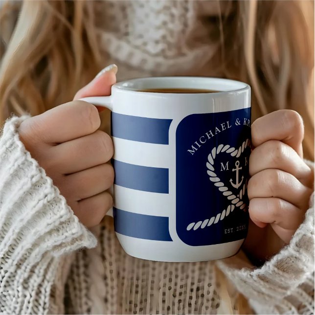 Caneca De Café Corda de Âncora de Coração Listrado Azul Náutico C (Nautical Blue Striped Heart Anchor Wedding Coffee Mug
)