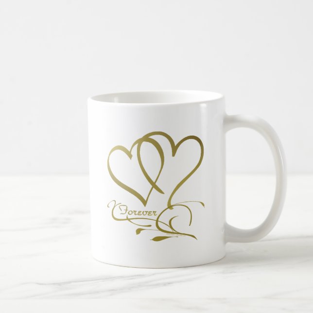 Caneca De Café Cores de fundo editáveis Forever Hearts Gold (Direita)