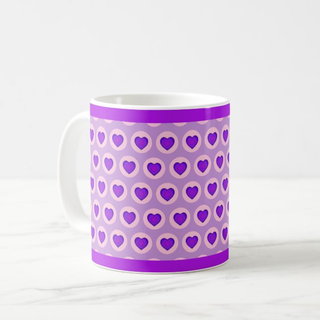 Caneca De Café Cores de pastel e corações roxos batendo (Frente Esquerda)