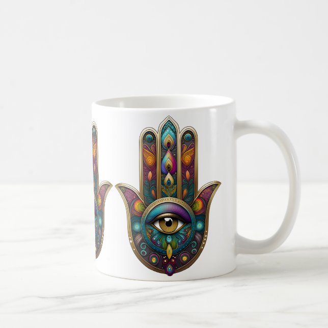 Caneca De Café Cores de Pavão Hamsa com Terceiro Olho Dourado (Direita)