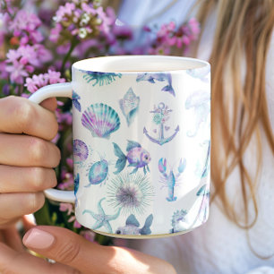 Caneca De Café Cores pastéis com animais marinhos estilo praia