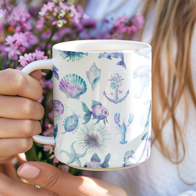 Caneca De Café Cores pastéis com animais marinhos estilo praia (Criador carregado)