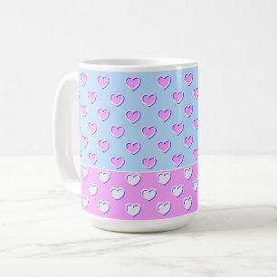 Caneca De Café Cores Pastéis Doces Azul e Rosa Corações Marcantes