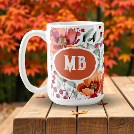 Caneca De Café Cores Terrosas, Flores de Outono Monogramadas