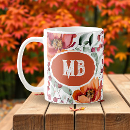 Caneca De Café Cores Terrosas, Flores de Outono Monogramadas