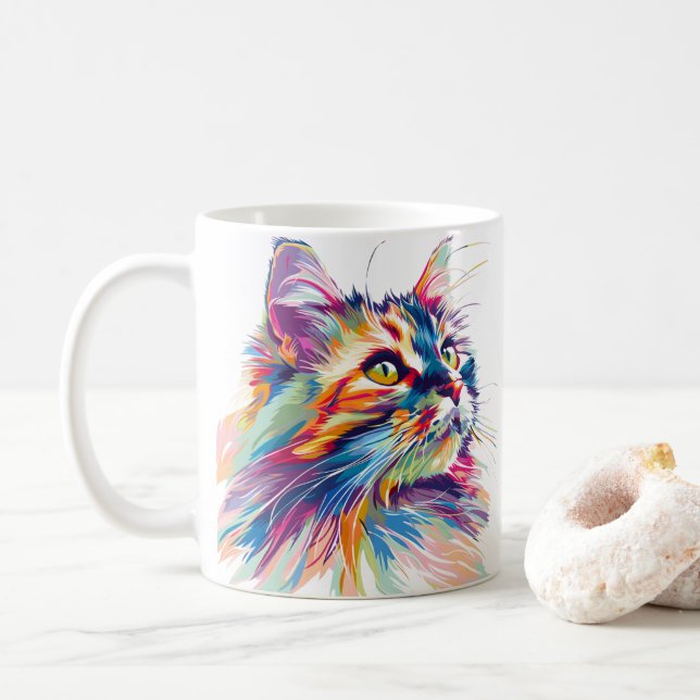 Caneca De Café Cores Vibrantes De Cabeça De Gato Cortado (Com Donut)