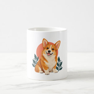 Caneca De Café Corgi Dourado Feliz com Sol Coral e Folhas Azul Tu
