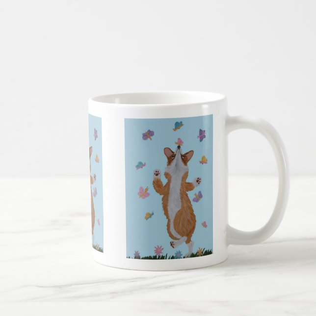 Caneca De Café Corgi Galês Dançando com Borboletas (Direita)