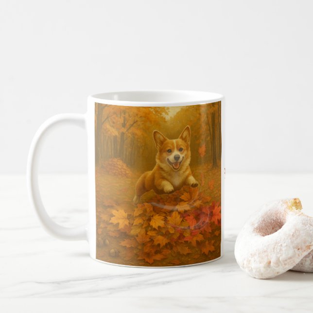 Caneca De Café Corgi Leaf Leap (Com Donut)