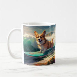 Caneca De Café Corgi Pintura de Surf na Praia