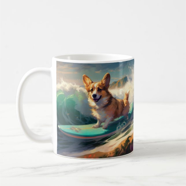 Caneca De Café Corgi  Pintura de Surf na Praia (Esquerda)