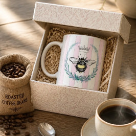 Caneca De Café Coroa de Abelha em Grinalda | Listras Rosa e Branc