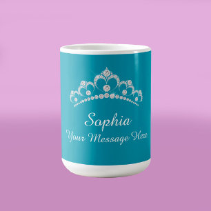 Caneca De Café Coroa de Diamante, Nome, Sua Mensagem, Azul Turque