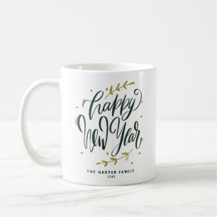 Caneca De Café Coroa de Feliz Ano Novo em Caligrafia Moderna Verd