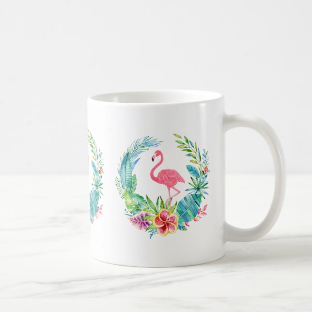 Caneca De Café Coroa de Flamingos Rosa e Flores Tropicais (Direita)