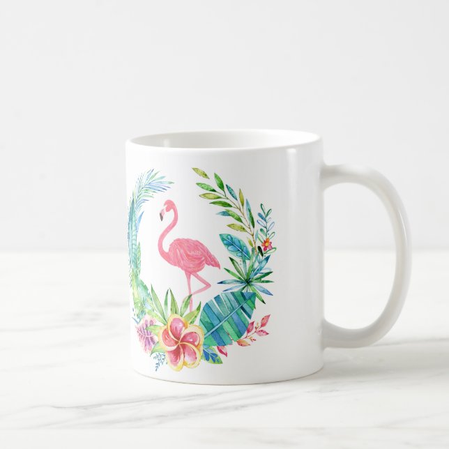 Caneca De Café Coroa de Flamingos Rosa e Flores Tropicais (Direita)