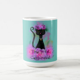 Caneca De Café Coroa de flor de gato preto sentada em rosas rosa