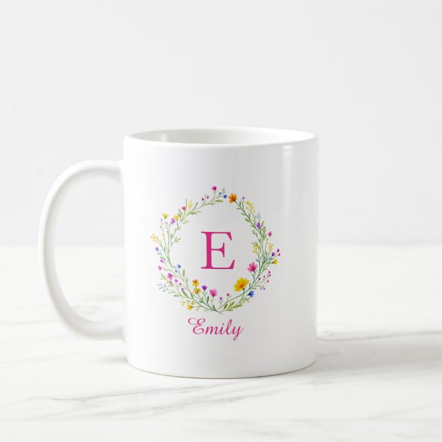 Caneca De Café Coroa de Flores Silvestres Personalizada com Monog (Esquerda)