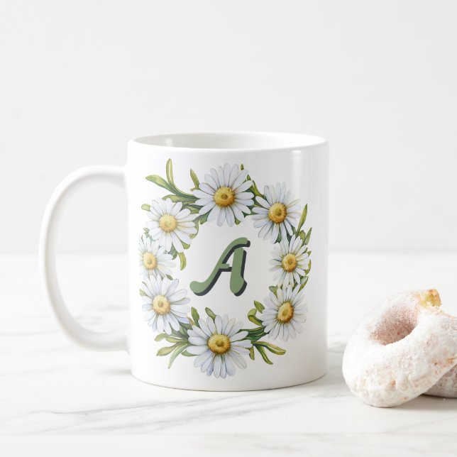 Caneca De Café Coroa de Margarida em Aquarela Personalizada com N (Com Donut)