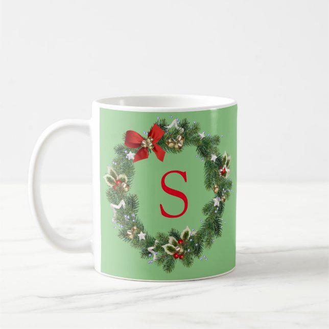Caneca De Café Coroa de Natal com Monograma Inicial   (Esquerda)